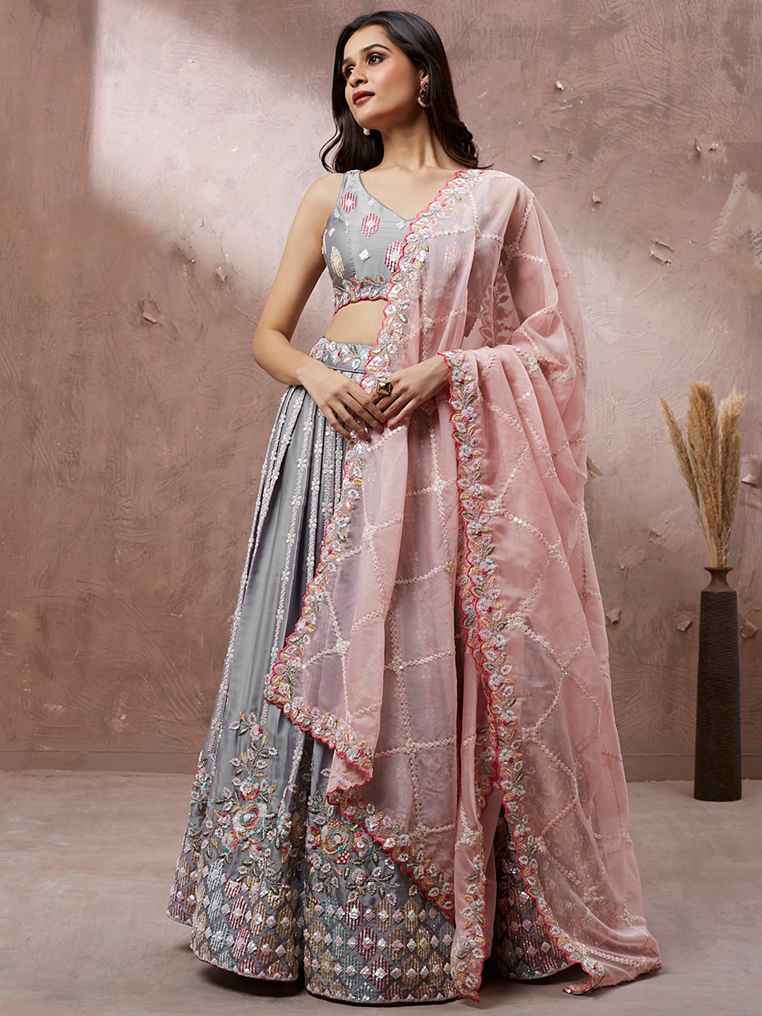 Grey Georgette Sequins and thread embroidery Semi-Stitched Lehenga choli & Dupatta Clothsvilla