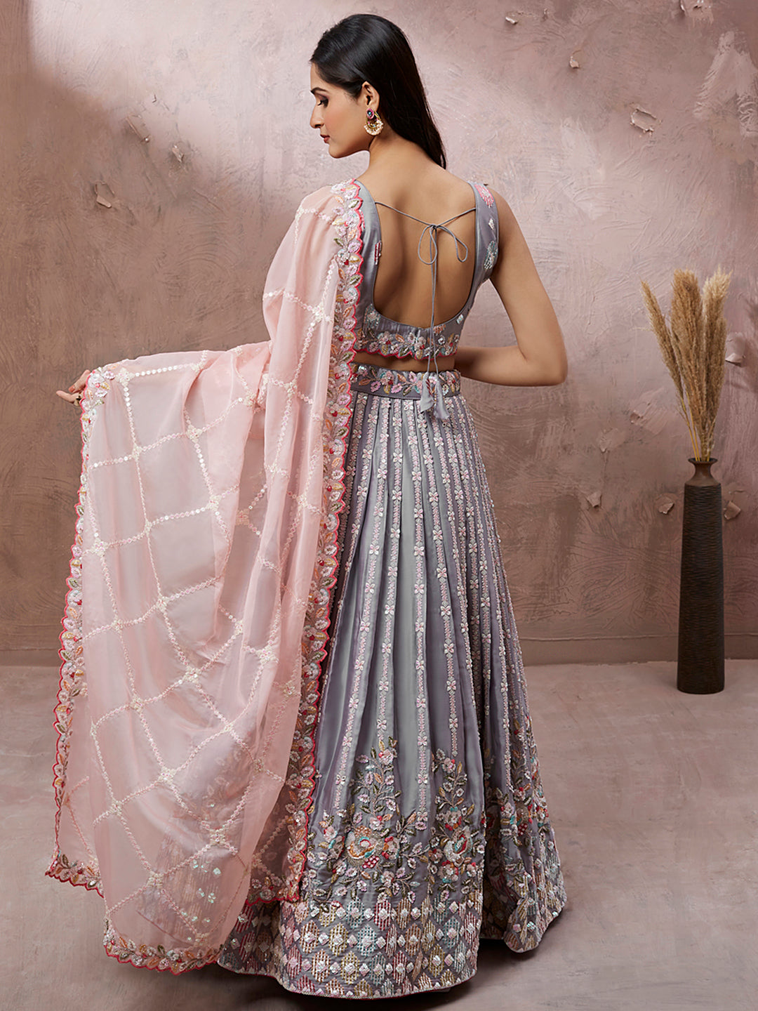 Grey Georgette Sequins and thread embroidery Semi-Stitched Lehenga choli & Dupatta Clothsvilla