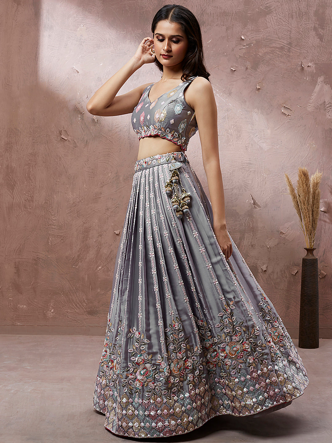 Grey Georgette Sequins and thread embroidery Semi-Stitched Lehenga choli & Dupatta Clothsvilla