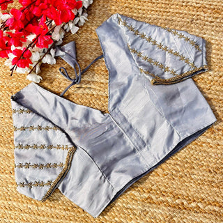 Grey Golden Burberry Silk Blouse with Intricate Handwork ClothsVilla