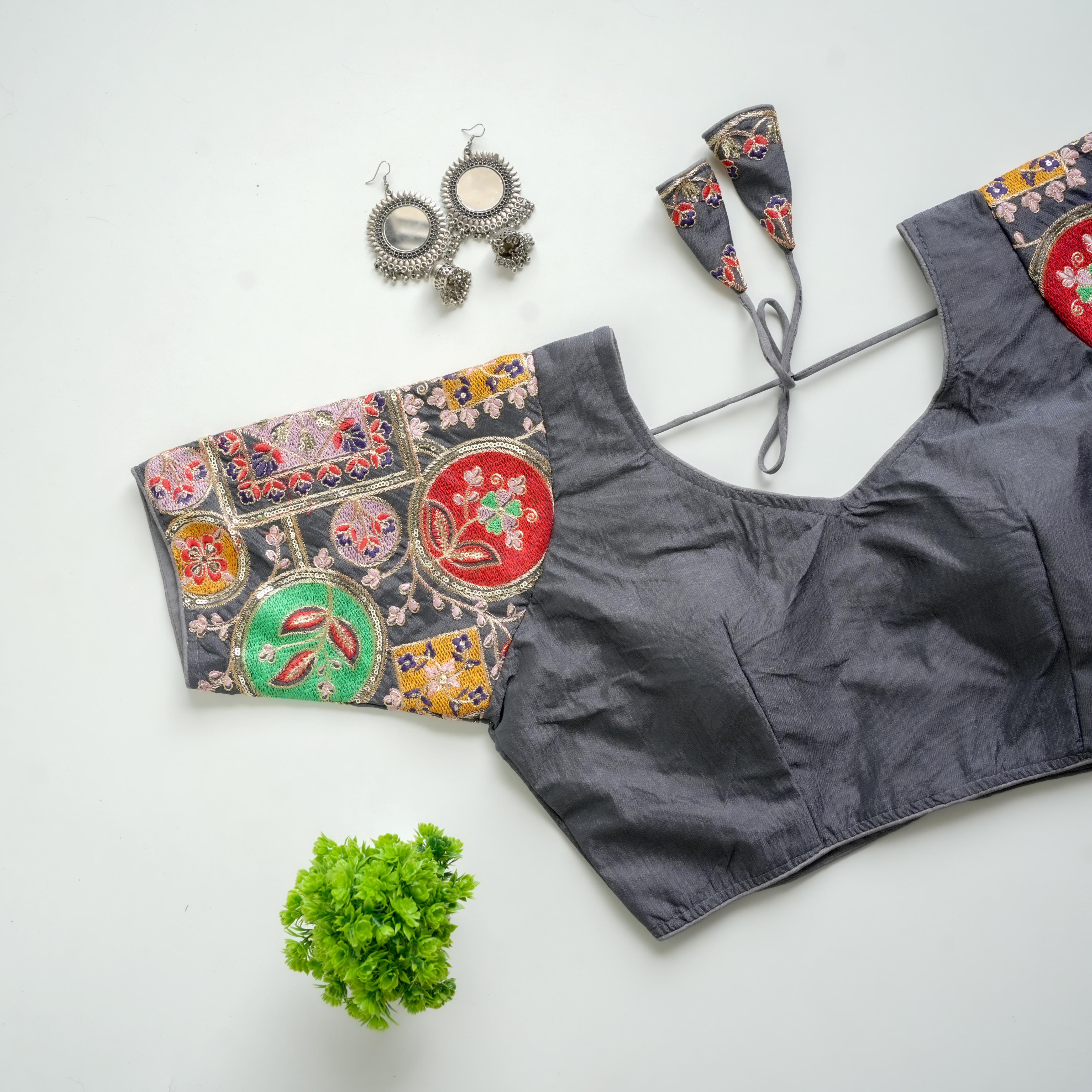 Grey Golden Embroidered Blouse with Sequins on Seoul Silk Sleeves ClothsVilla Main image