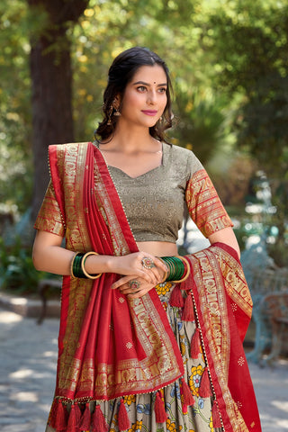 Grey Kalamkari Tussar Silk Lehenga Choli Set ClothsVilla