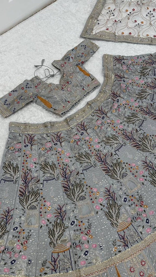Grey Kasturi Silk Embroidered Lehenga Set with Tassel Blouse & Net Dupatta ClothsVilla