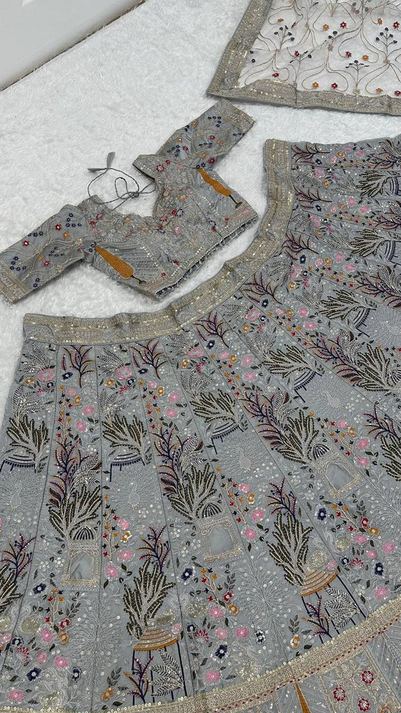 Grey Kasturi Silk Embroidered Lehenga Set with Tassel Blouse & Net Dupatta ClothsVilla