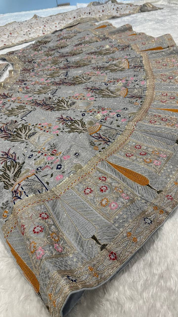 Grey Kasturi Silk Embroidered Lehenga Set with Tassel Blouse & Net Dupatta ClothsVilla