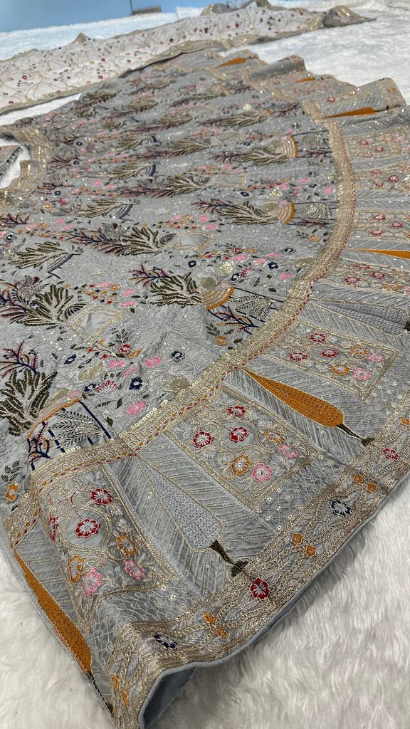 Grey Kasturi Silk Embroidered Lehenga Set with Tassel Blouse & Net Dupatta ClothsVilla