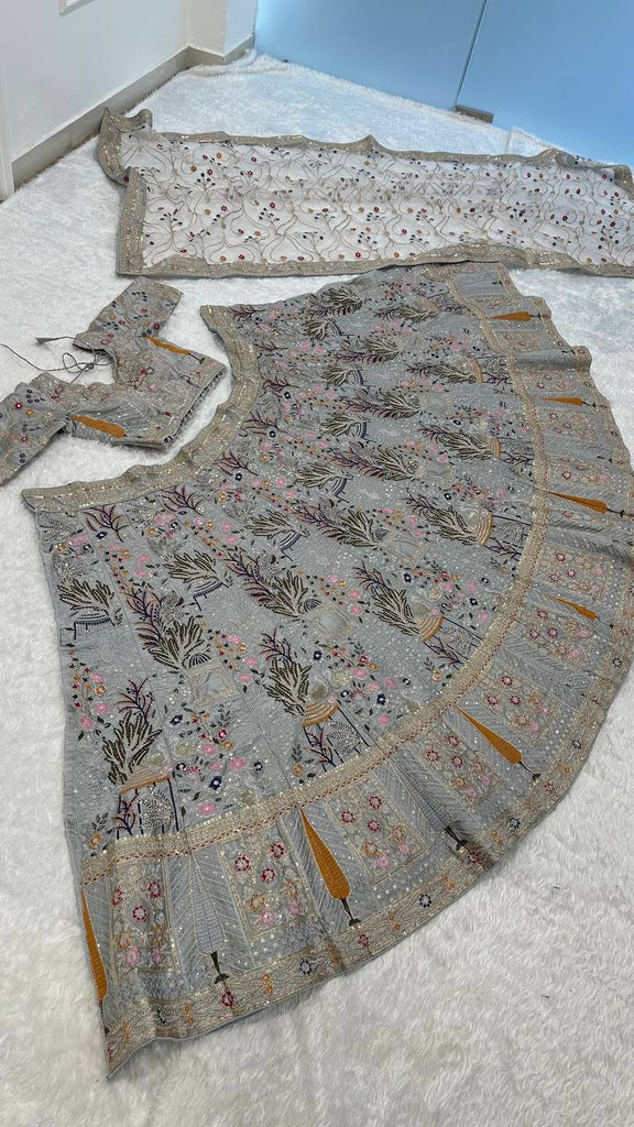 Grey Kasturi Silk Embroidered Lehenga Set with Tassel Blouse & Net Dupatta ClothsVilla