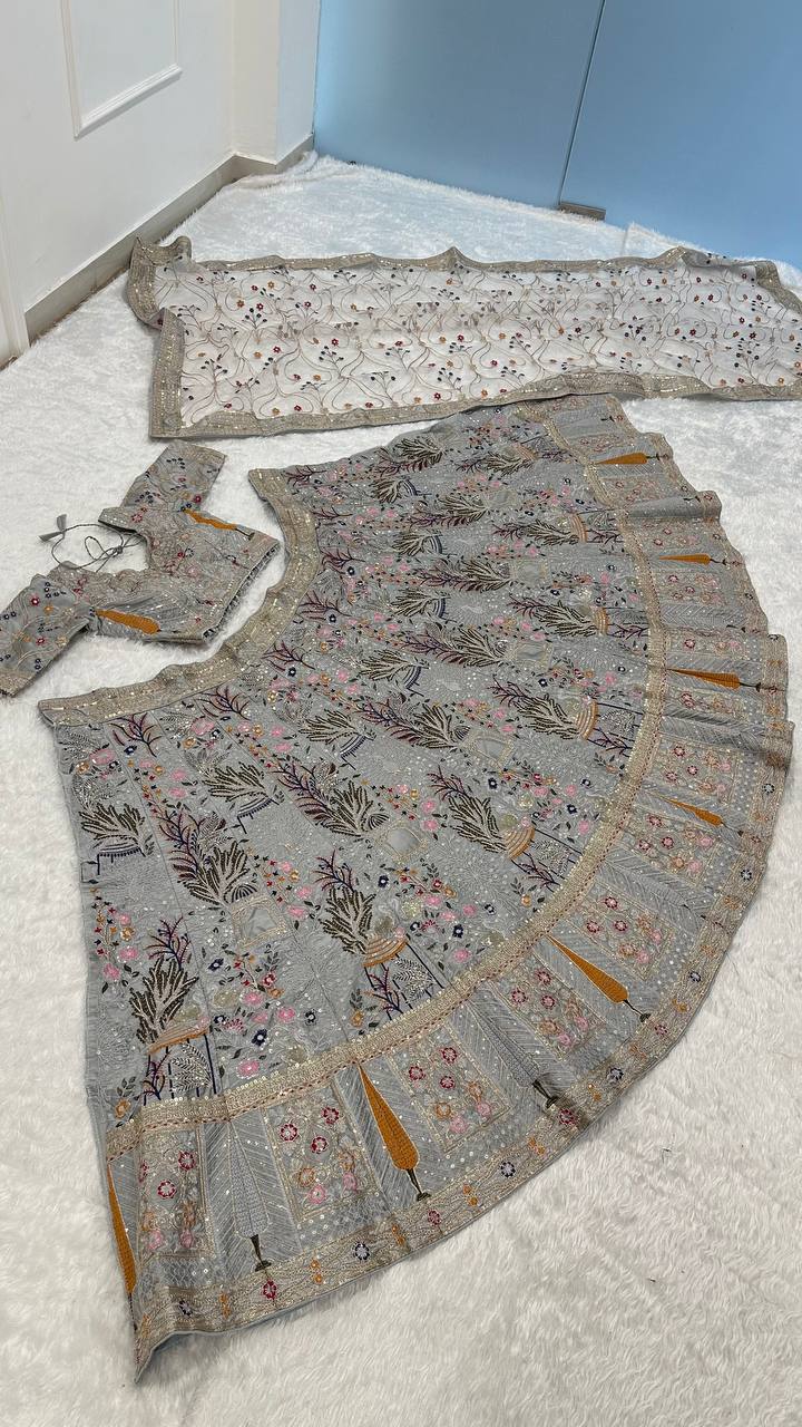 Grey Kasturi Silk Embroidered Lehenga Set with Tassel Blouse & Net Dupatta ClothsVilla