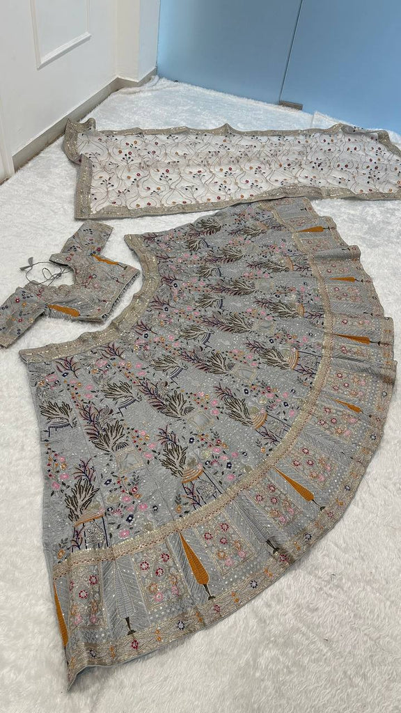 Grey Kasturi Silk Embroidered Lehenga Set with Tassel Blouse & Net Dupatta ClothsVilla