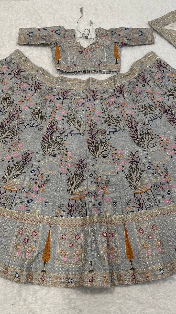 Grey Kasturi Silk Embroidered Lehenga Set with Tassel Blouse & Net Dupatta ClothsVilla