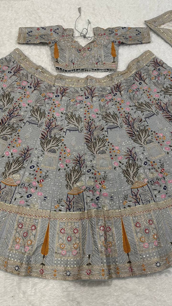 Grey Kasturi Silk Embroidered Lehenga Set with Tassel Blouse & Net Dupatta ClothsVilla