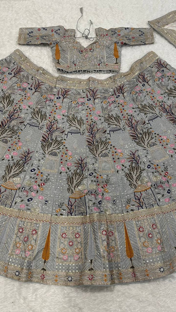 Grey Kasturi Silk Embroidered Lehenga Set with Tassel Blouse & Net Dupatta ClothsVilla