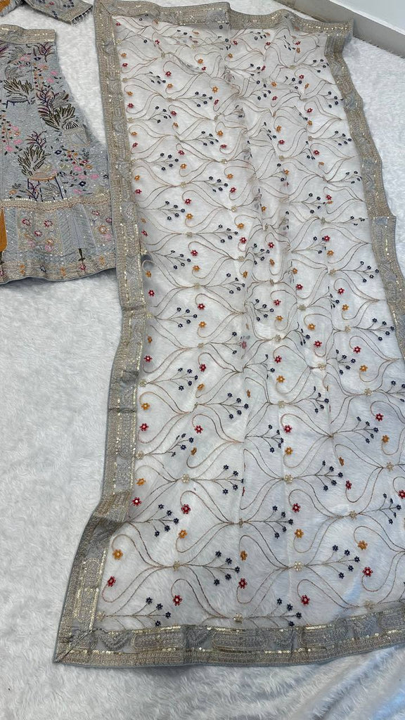 Grey Kasturi Silk Embroidered Lehenga Set with Tassel Blouse & Net Dupatta ClothsVilla