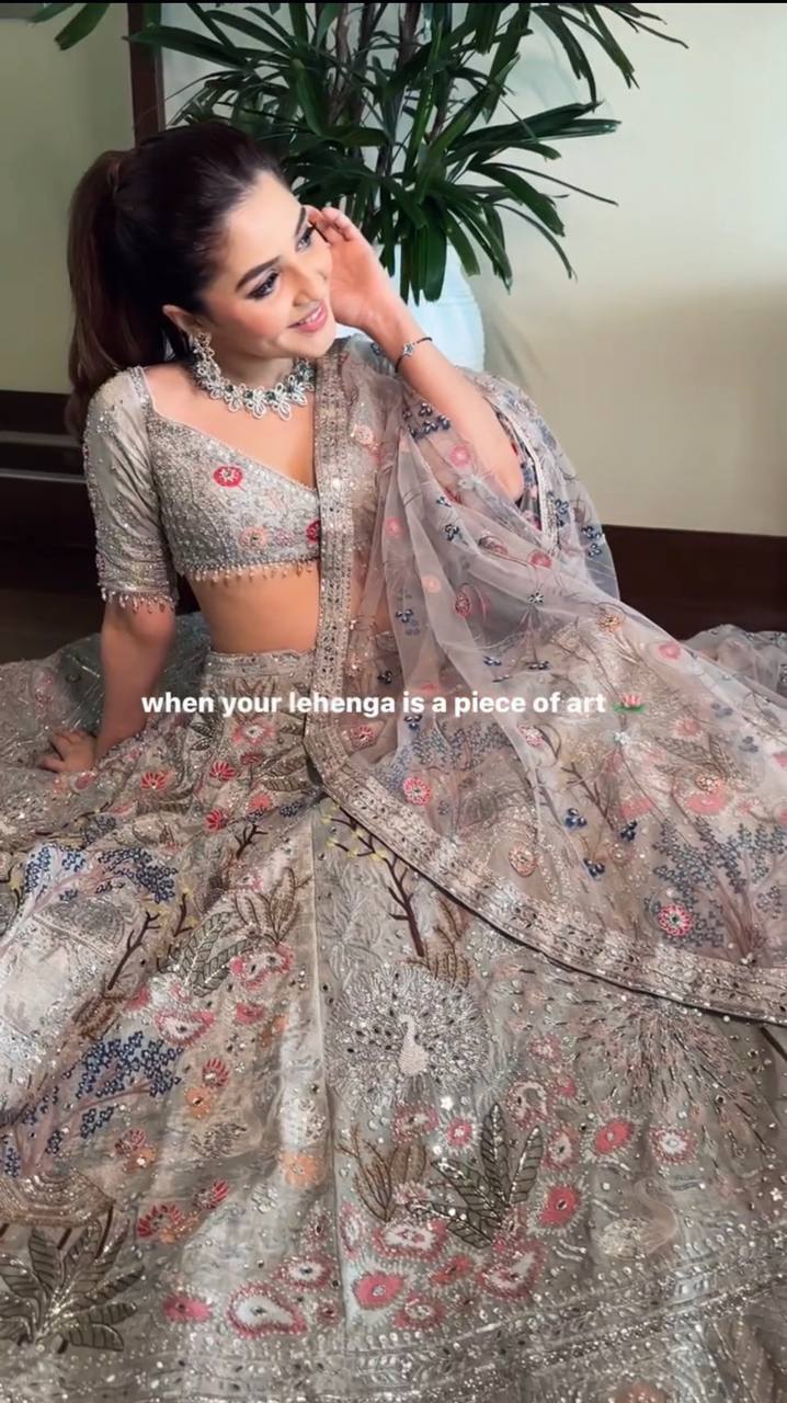Grey Kasturi Silk Embroidered Lehenga Set with Tassel Blouse & Net Dupatta ClothsVilla