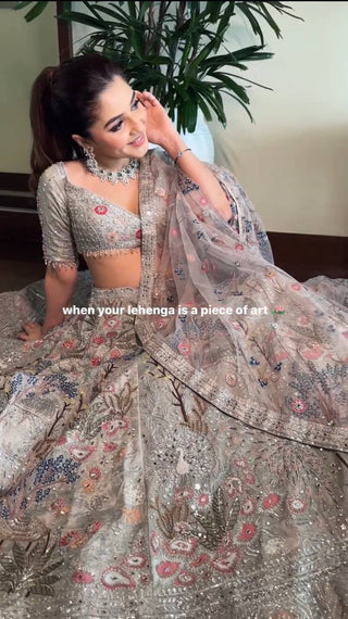 Grey Kasturi Silk Embroidered Lehenga Set with Tassel Blouse & Net Dupatta ClothsVilla