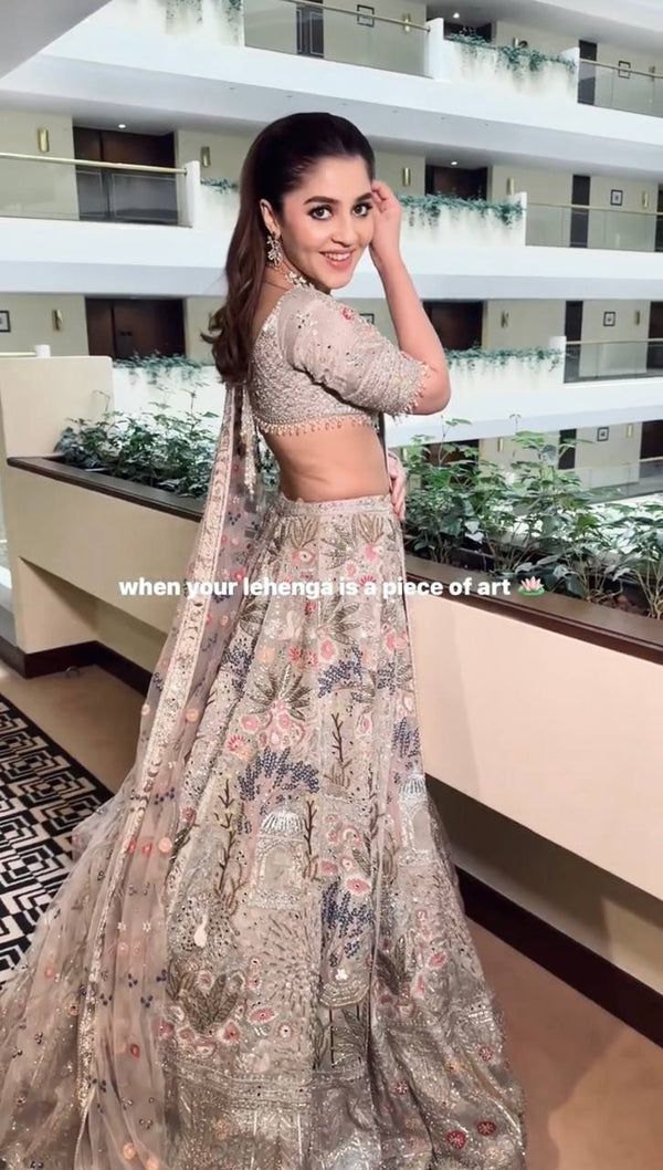 Grey Kasturi Silk Embroidered Lehenga Set with Tassel Blouse & Net Dupatta ClothsVilla