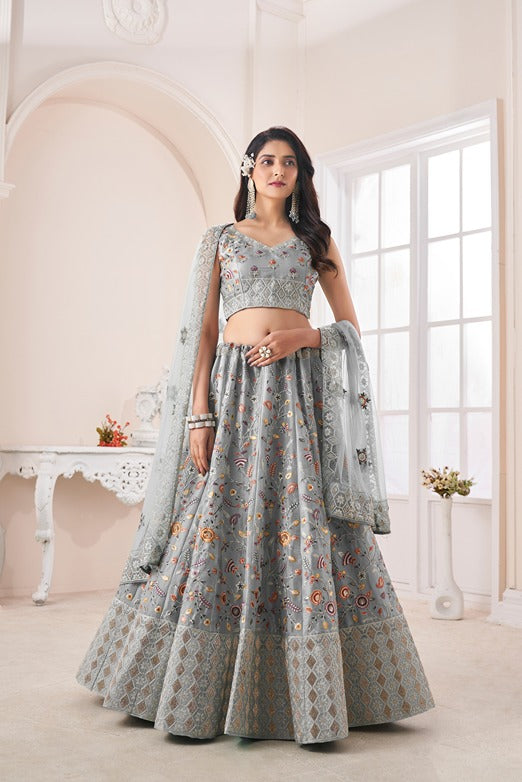 Designer Grey Lehenga Choli with Multicolor Thread Embroidery ClothsVilla Main image