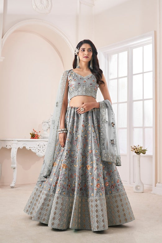 Designer Grey Lehenga Choli with Multicolor Thread Embroidery ClothsVilla