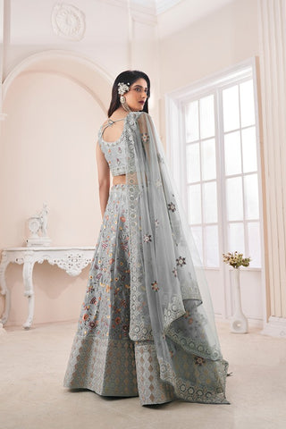 Designer Grey Lehenga Choli with Multicolor Thread Embroidery ClothsVilla