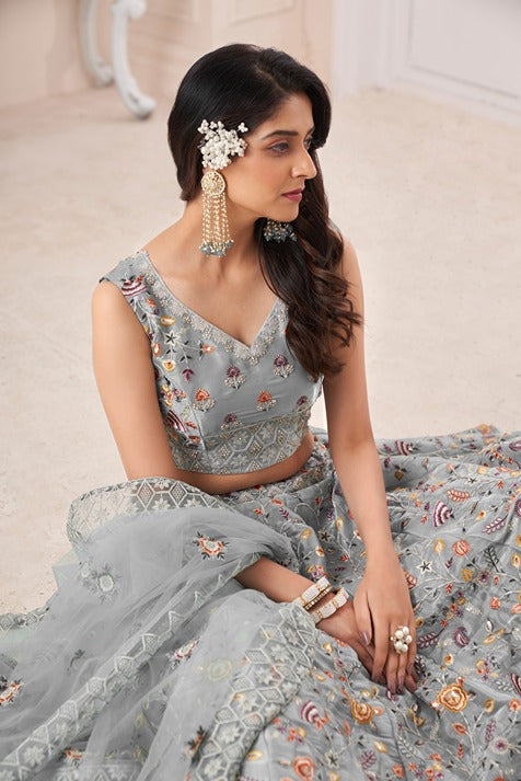 Designer Grey Lehenga Choli with Multicolor Thread Embroidery ClothsVilla