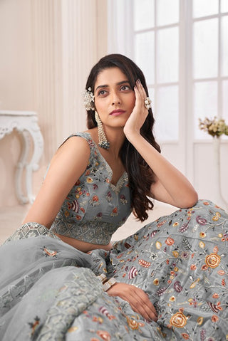 Designer Grey Lehenga Choli with Multicolor Thread Embroidery ClothsVilla