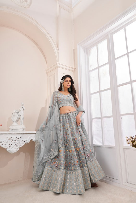 Designer Grey Lehenga Choli with Multicolor Thread Embroidery ClothsVilla