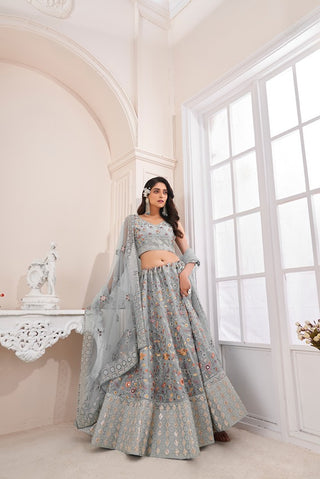 Designer Grey Lehenga Choli with Multicolor Thread Embroidery ClothsVilla