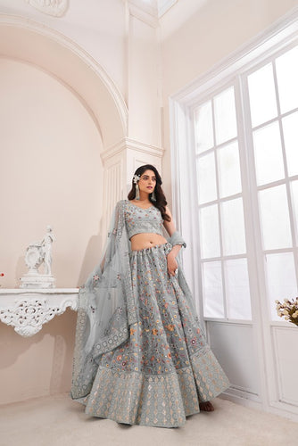Designer Grey Lehenga Choli with Multicolor Thread Embroidery ClothsVilla