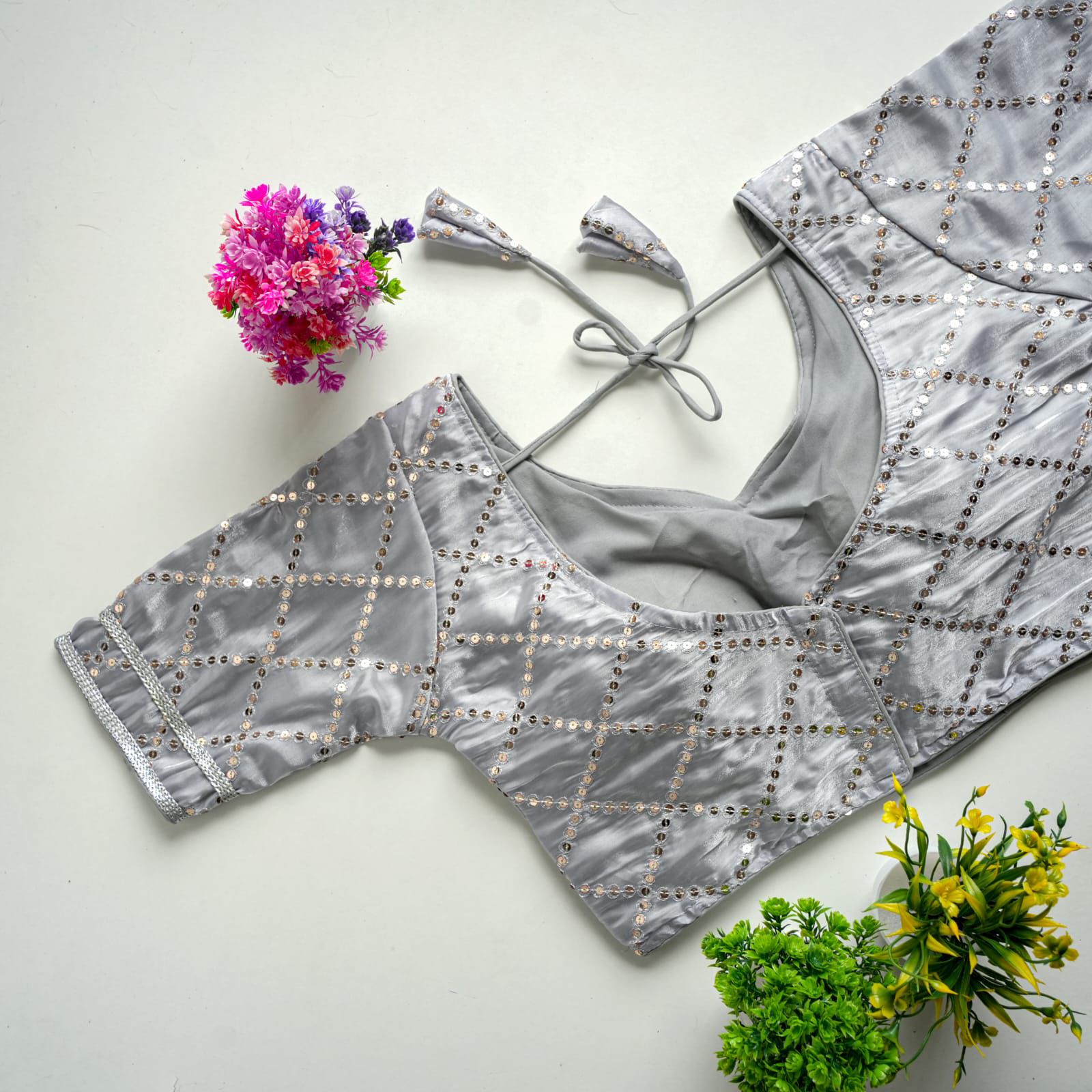 Grey Metalic Jimmy Choo Blouse with Exquisite Sequence Embroidery ClothsVilla