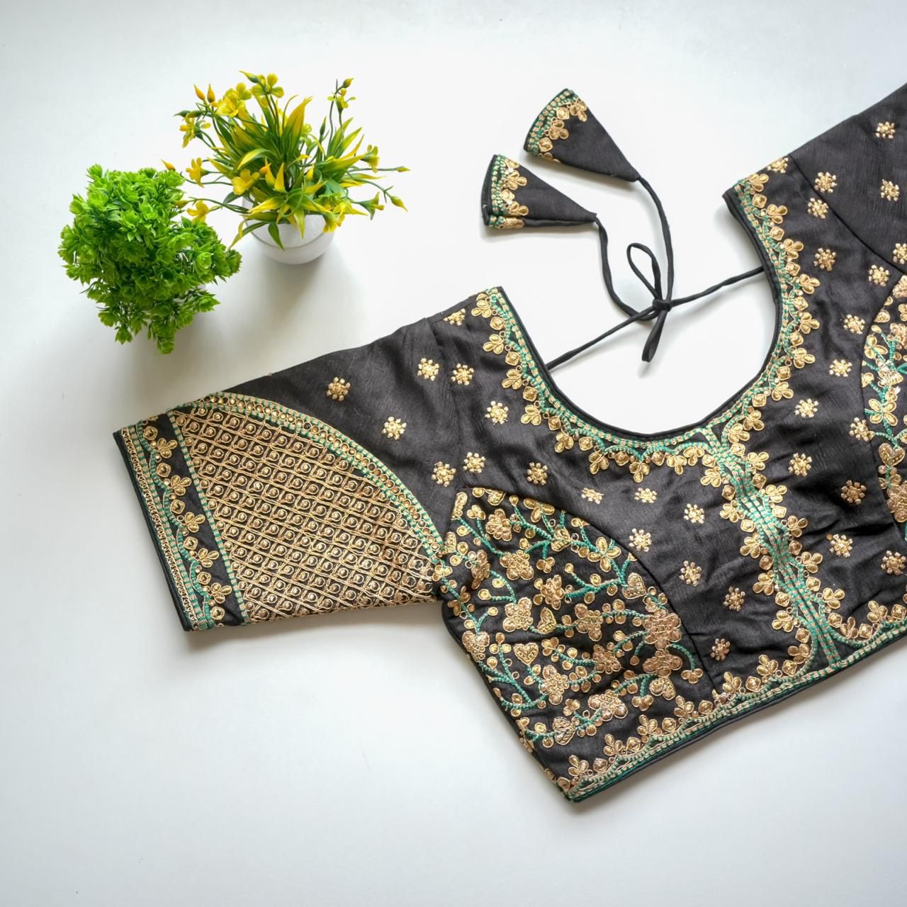 Grey Mulmul Silk Blouse with Golden Embroidery and Sequins Secondary image
