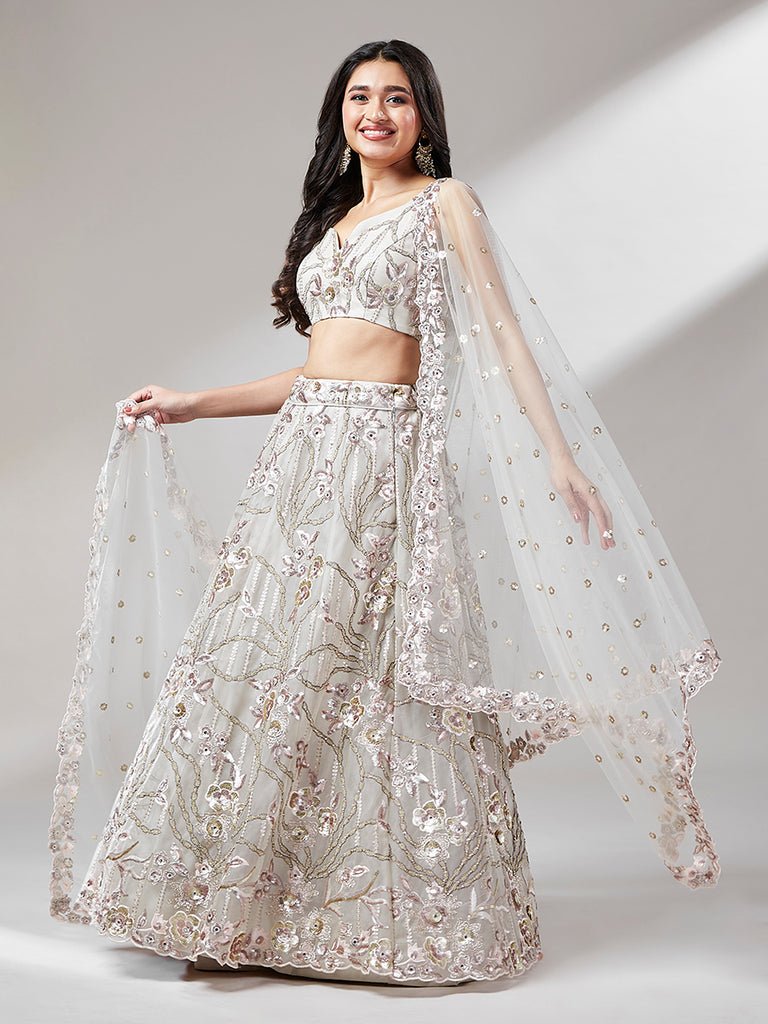 Grey Net Heavy Sequins Embroidery Semi-Stitched Lehenga choli Clothsvilla