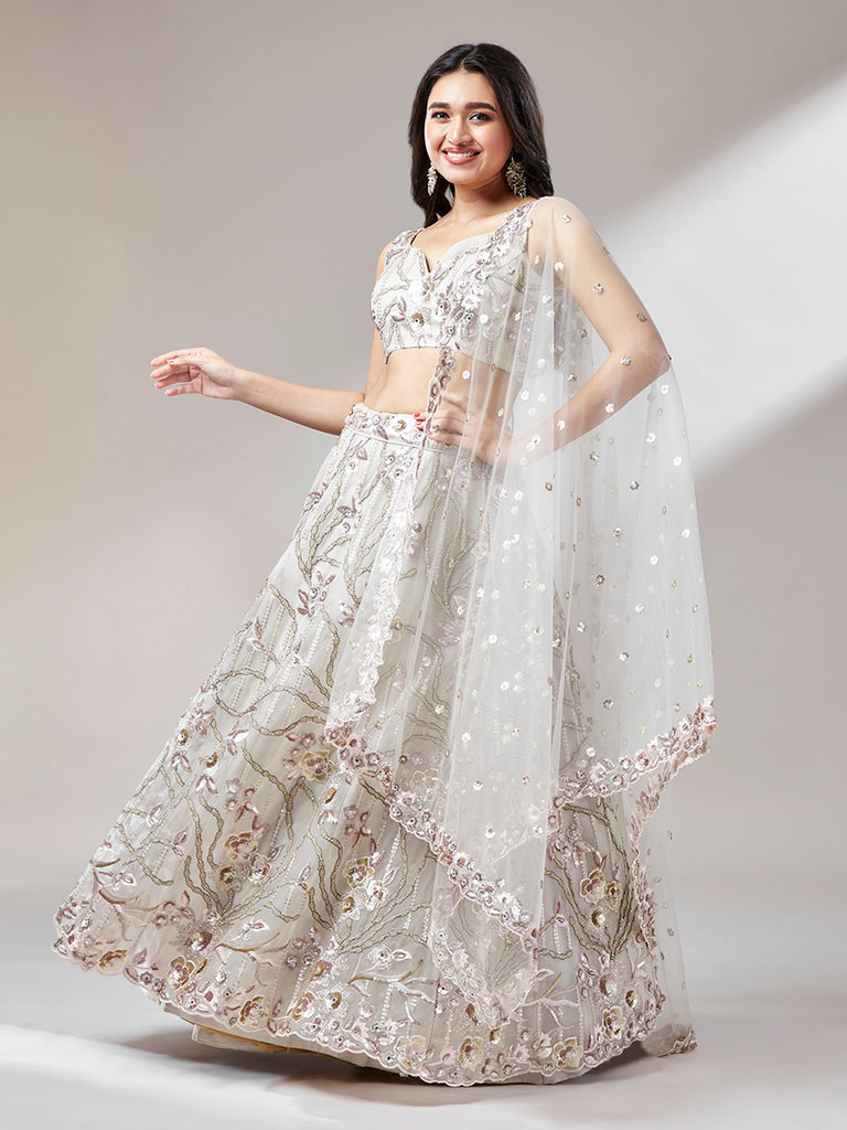 Grey Net Heavy Sequins Embroidery Semi-Stitched Lehenga choli Clothsvilla