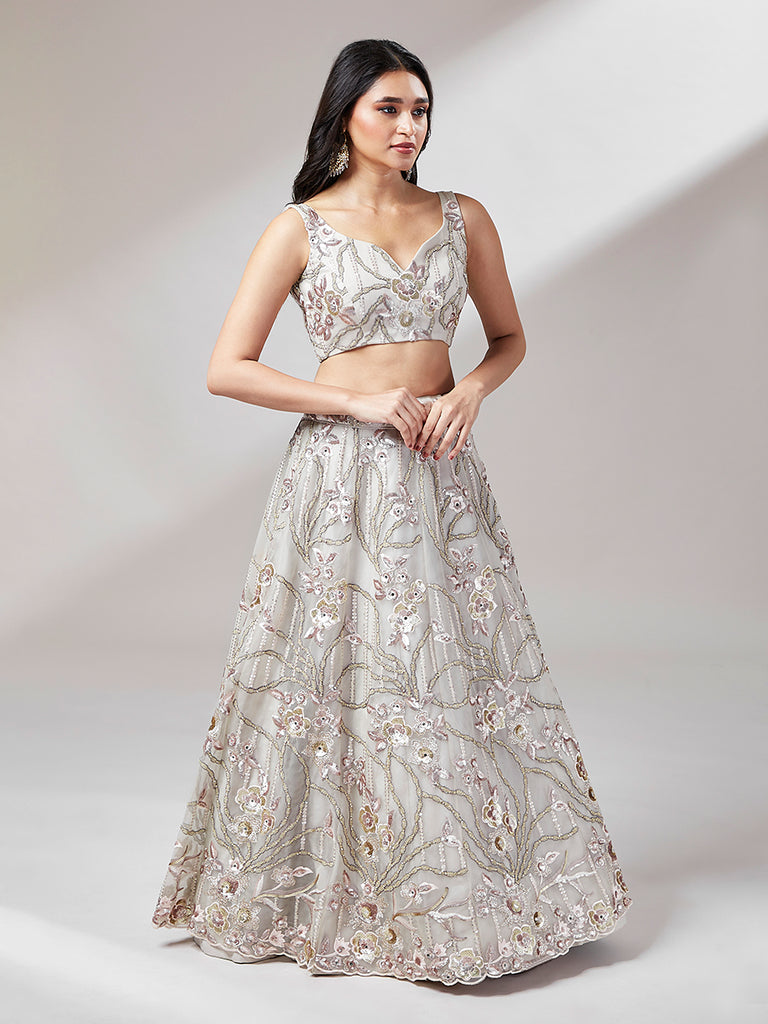 Grey Net Heavy Sequins Embroidery Semi-Stitched Lehenga choli Clothsvilla