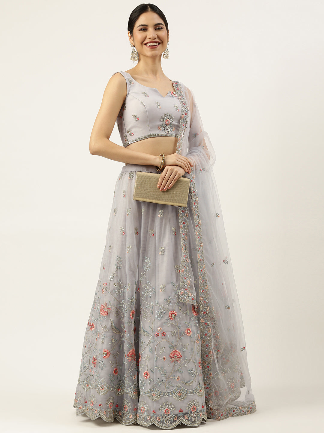Grey Net Sequinse Work Semi-Stitched Lehenga & Unstitched Blouse, Dupatta Clothsvilla
