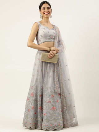 Grey Net Sequinse Work Semi-Stitched Lehenga & Unstitched Blouse, Dupatta Clothsvilla