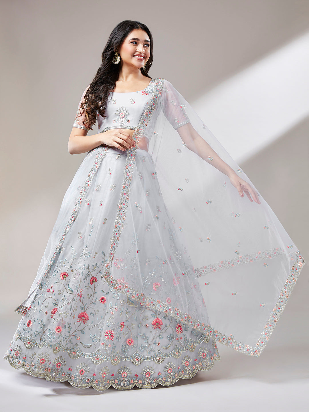 Grey Net Sequinse Work Semi-Stitched Lehenga & Unstitched Blouse, Dupatta Clothsvilla
