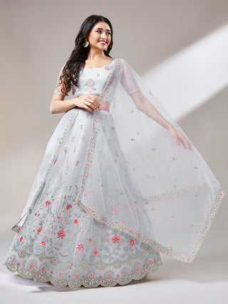 Grey Net Sequinse Work Semi-Stitched Lehenga & Unstitched Blouse, Dupatta Clothsvilla