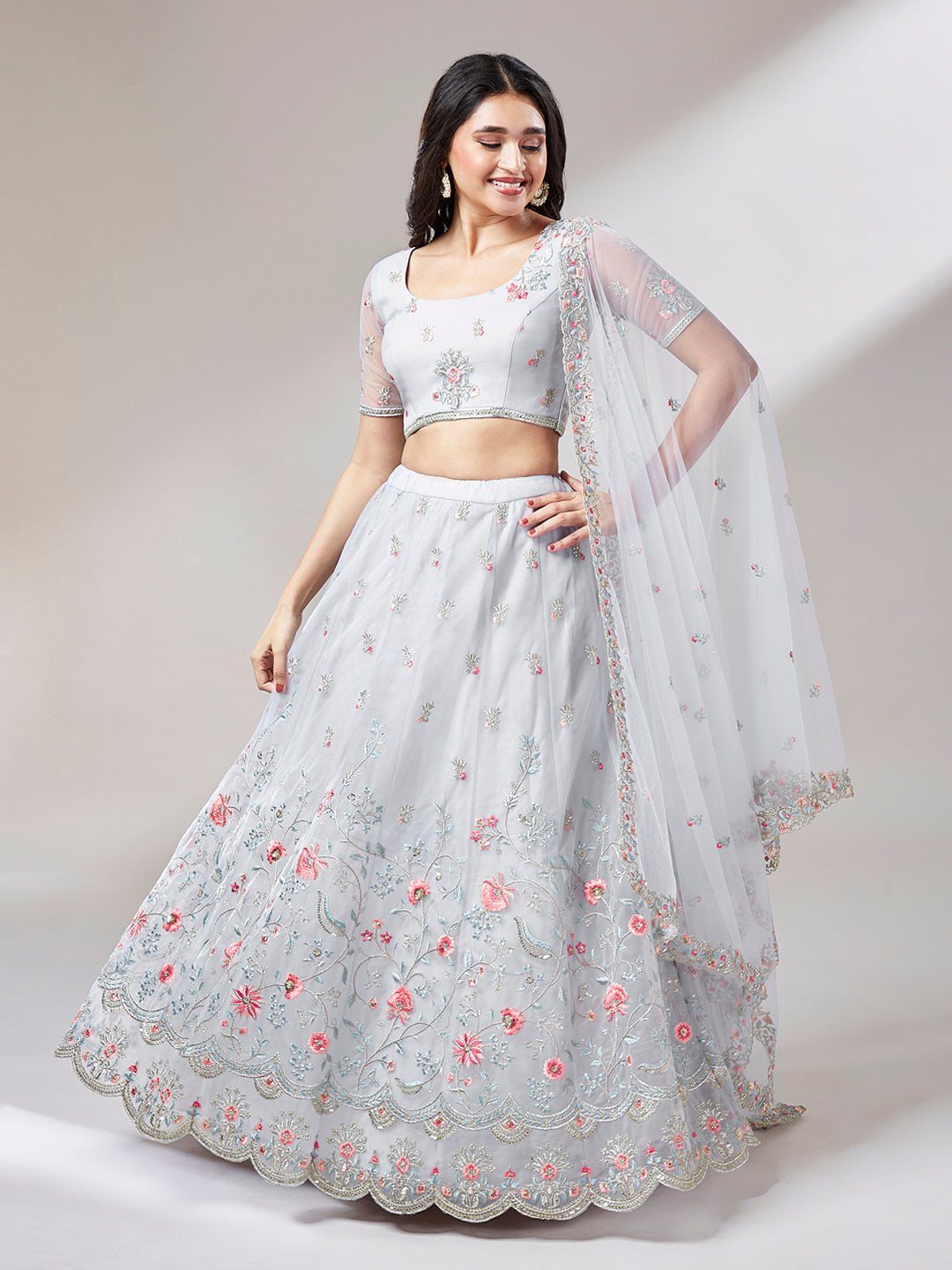 Grey Net Sequinse Work Semi-Stitched Lehenga & Unstitched Blouse, Dupatta Clothsvilla