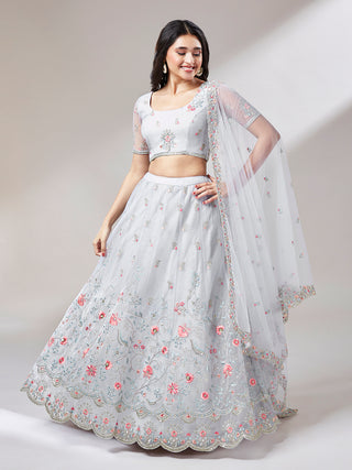 Grey Net Sequinse Work Semi-Stitched Lehenga & Unstitched Blouse, Dupatta Clothsvilla