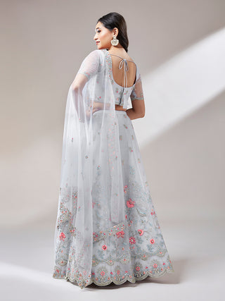 Grey Net Sequinse Work Semi-Stitched Lehenga & Unstitched Blouse, Dupatta Clothsvilla