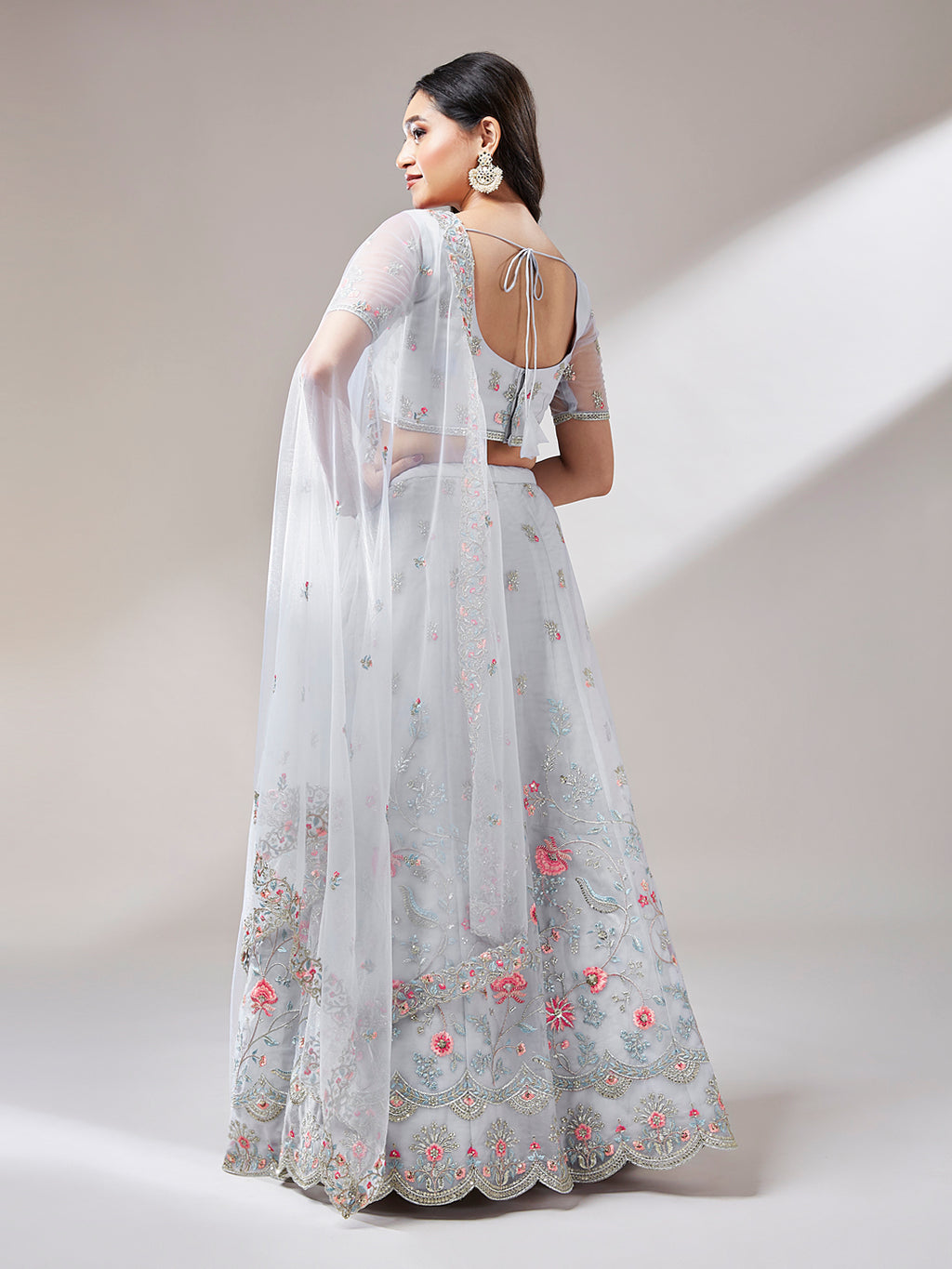Grey Net Sequinse Work Semi-Stitched Lehenga & Unstitched Blouse, Dupatta Clothsvilla