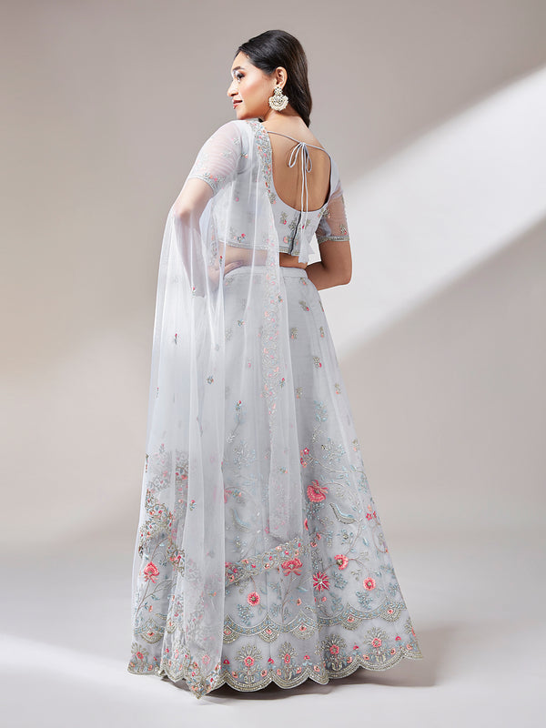 Grey Net Sequinse Work Semi-Stitched Lehenga & Unstitched Blouse, Dupatta Clothsvilla