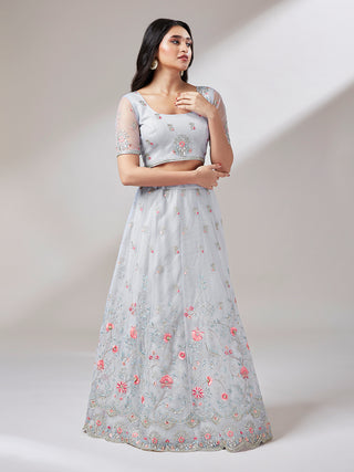 Grey Net Sequinse Work Semi-Stitched Lehenga & Unstitched Blouse, Dupatta Clothsvilla