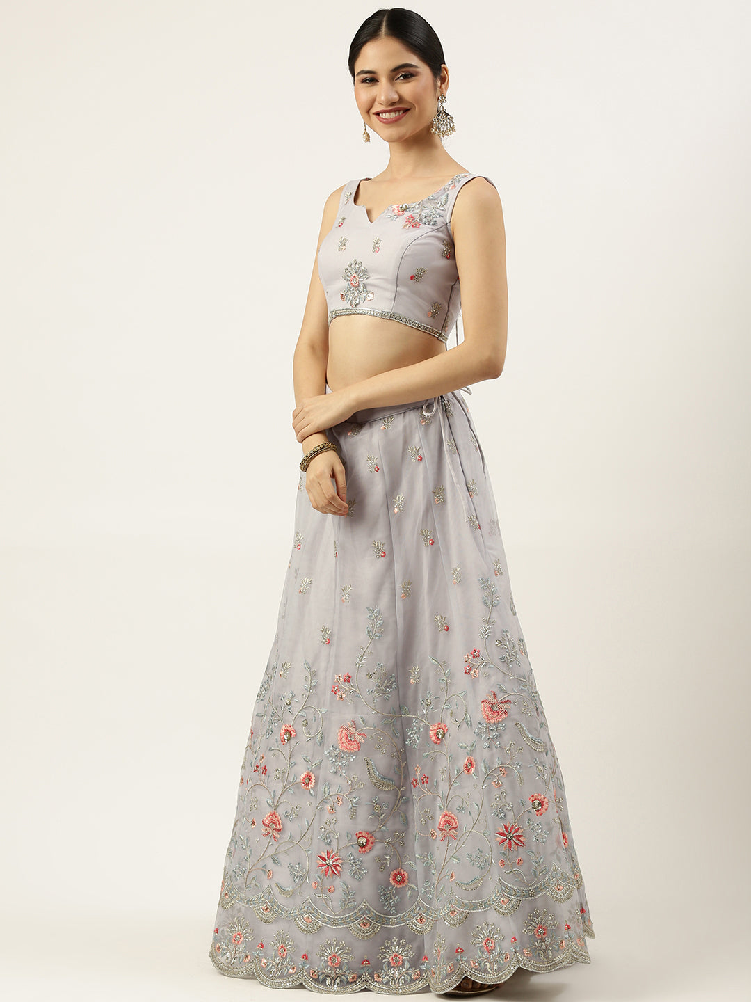 Grey Net Sequinse Work Semi-Stitched Lehenga & Unstitched Blouse, Dupatta Clothsvilla
