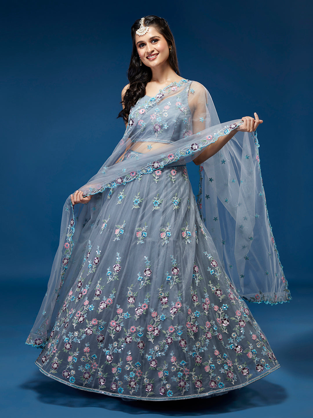 Grey Net Sequinse Work Semi-Stitched Lehenga & Unstitched Blouse, Dupatta Clothsvilla