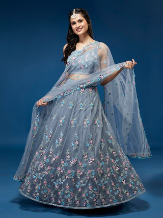 Grey Net Sequinse Work Semi-Stitched Lehenga & Unstitched Blouse, Dupatta Clothsvilla
