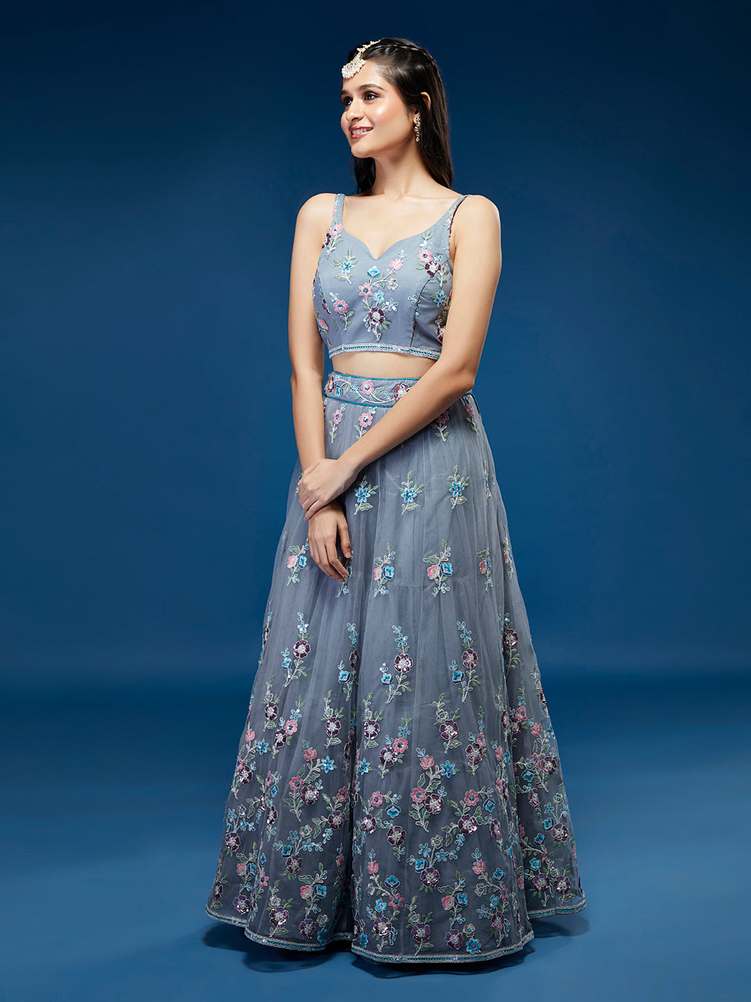 Grey Net Sequinse Work Semi-Stitched Lehenga & Unstitched Blouse, Dupatta Clothsvilla