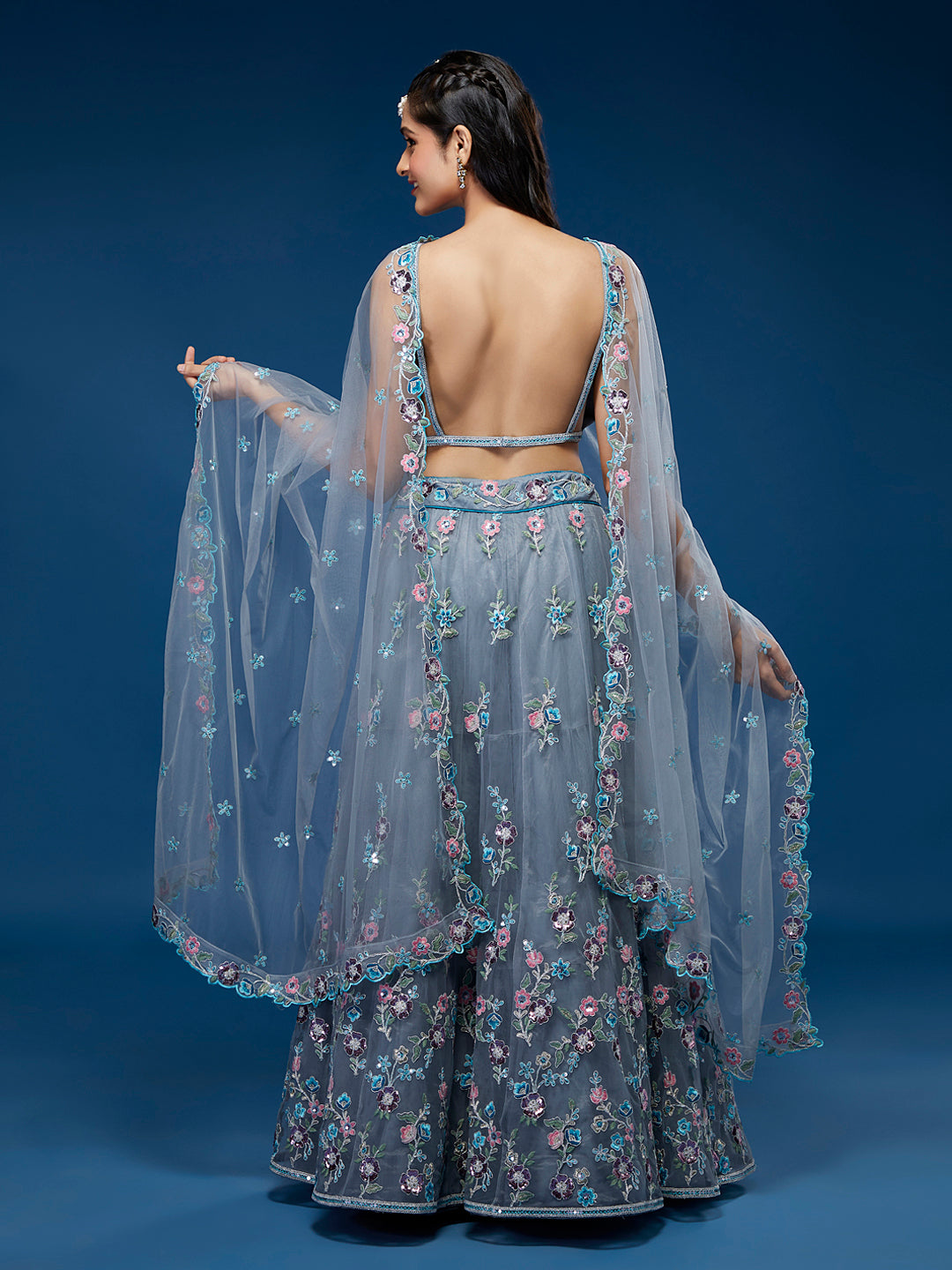 Grey Net Sequinse Work Semi-Stitched Lehenga & Unstitched Blouse, Dupatta Clothsvilla