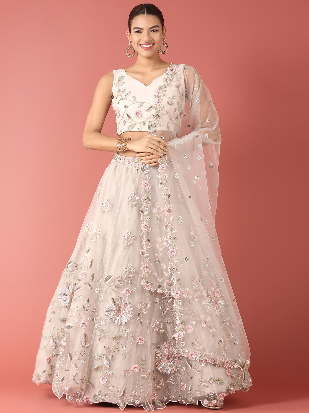 Grey Net Sequinse Work Semi-Stitched Lehenga & Unstitched Blouse, Dupatta ClothsVilla
