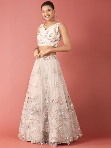 Cream Net Fabric Sequins embroidery Semi-Stitched Lehenga & Unstitched Blouse With Dupatta